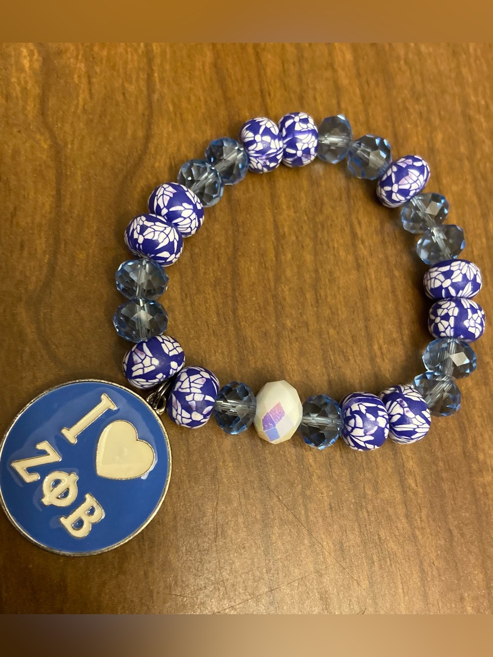 Zeta Phi Beta I Love ZΦB Blue Beaded Stretch Charm Bracelet.